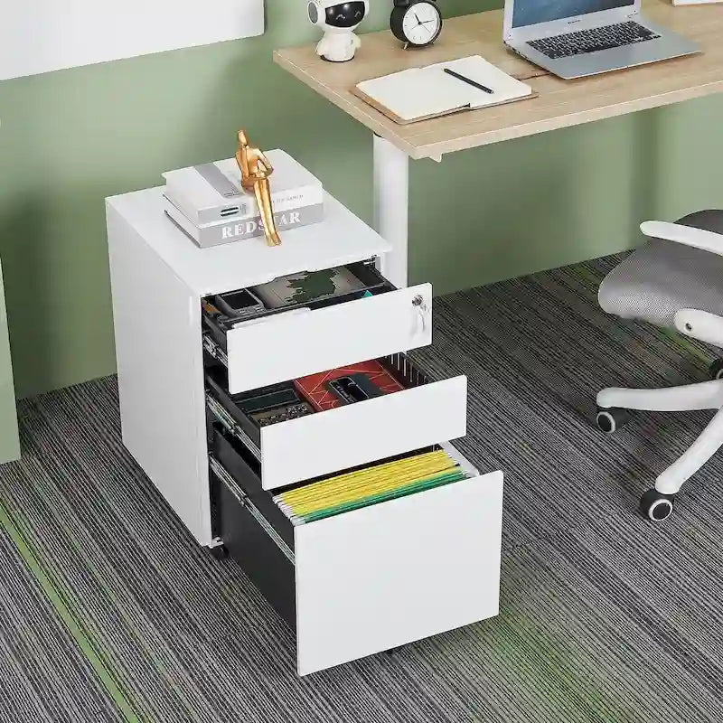 3-Drawer Mobile File Cabinet with Lock, Locking Steel Rolling Cabinet, Black & White