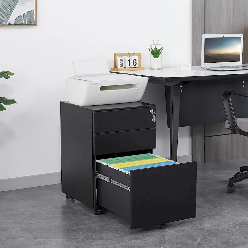 3-Drawer Mobile File Cabinet with Lock, Locking Steel Rolling Cabinet, Black & White