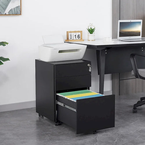 3-Drawer Mobile File Cabinet with Lock, Locking Steel Rolling Cabinet, Black & White