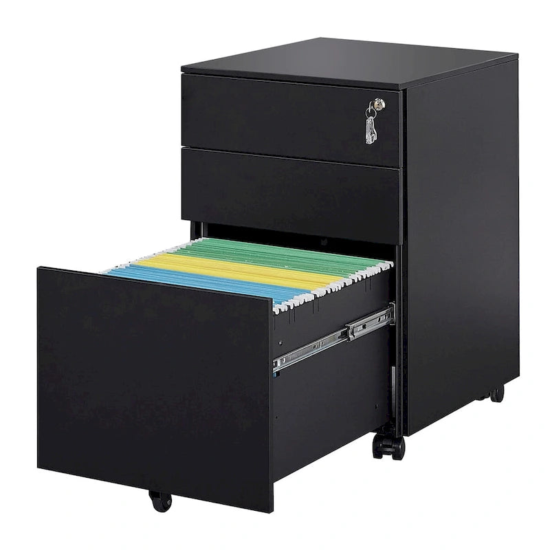3-Drawer Mobile File Cabinet with Lock, Locking Steel Rolling Cabinet, Black & White