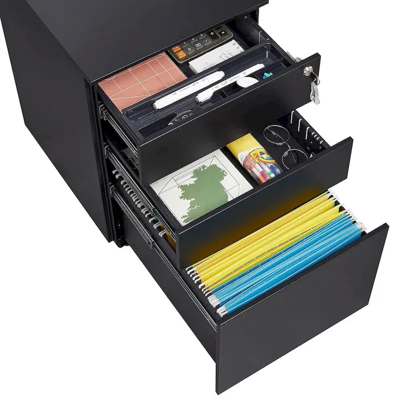 3-Drawer Mobile File Cabinet with Lock, Locking Steel Rolling Cabinet, Black & White
