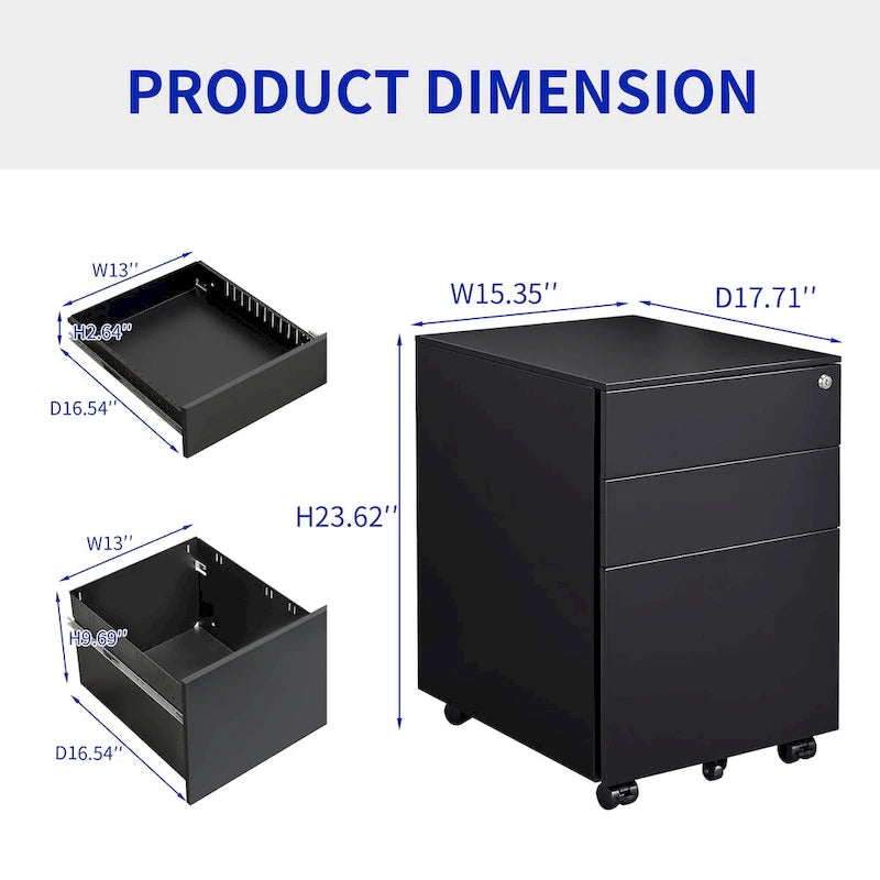 3-Drawer Mobile File Cabinet with Lock, Locking Steel Rolling Cabinet, Black & White