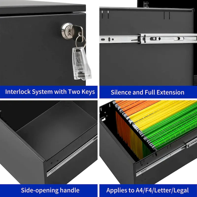 3-Drawer Mobile File Cabinet with Lock, Locking Steel Rolling Cabinet, Black & White