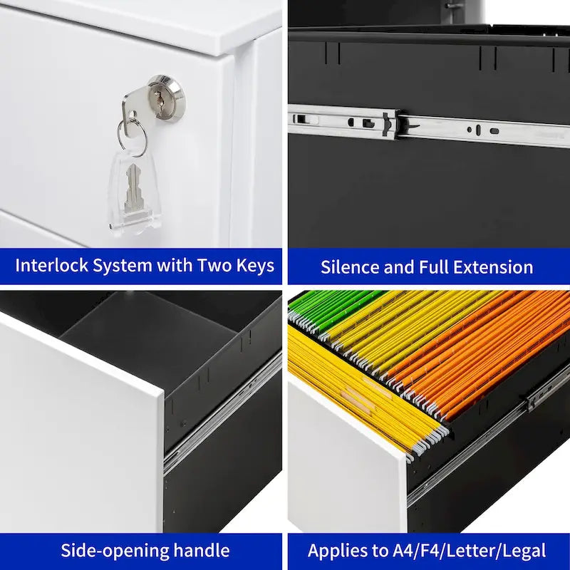 3-Drawer Mobile File Cabinet with Lock, Locking Steel Rolling Cabinet, Black & White