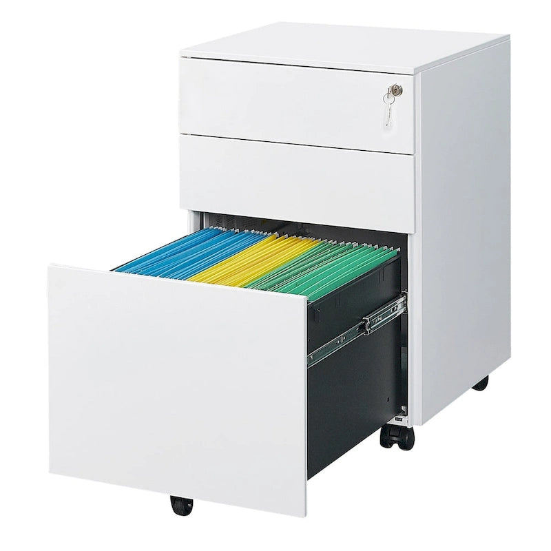 3-Drawer Mobile File Cabinet with Lock, Locking Steel Rolling Cabinet, Black & White