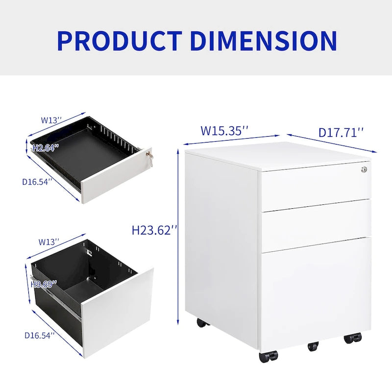 3-Drawer Mobile File Cabinet with Lock, Locking Steel Rolling Cabinet, Black & White
