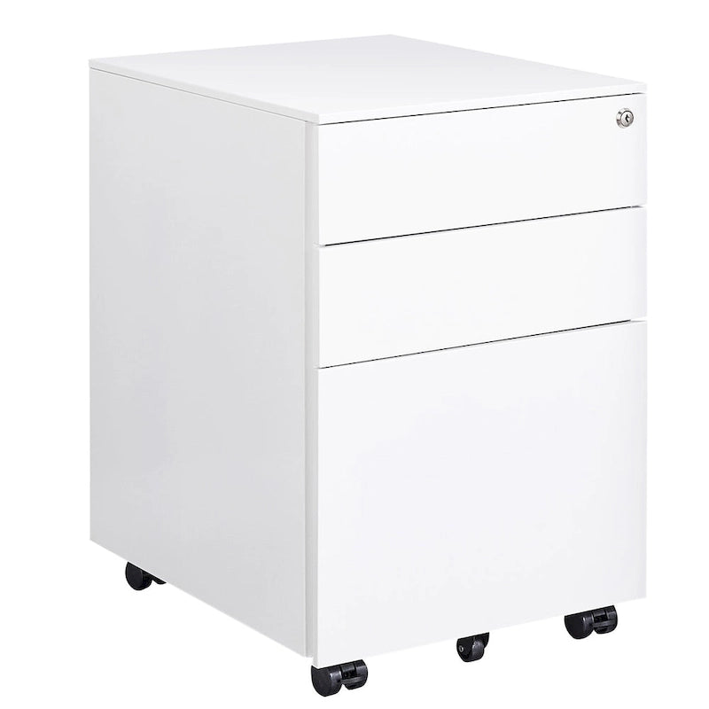 3-Drawer Mobile File Cabinet with Lock, Locking Steel Rolling Cabinet, Black & White