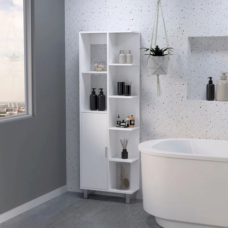 Meuble colonne de salle de bain blanc avec 9 étagères et une porte