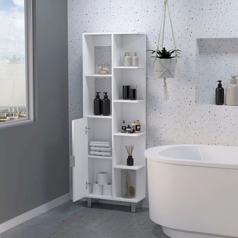 Meuble colonne de salle de bain blanc avec 9 étagères et une porte