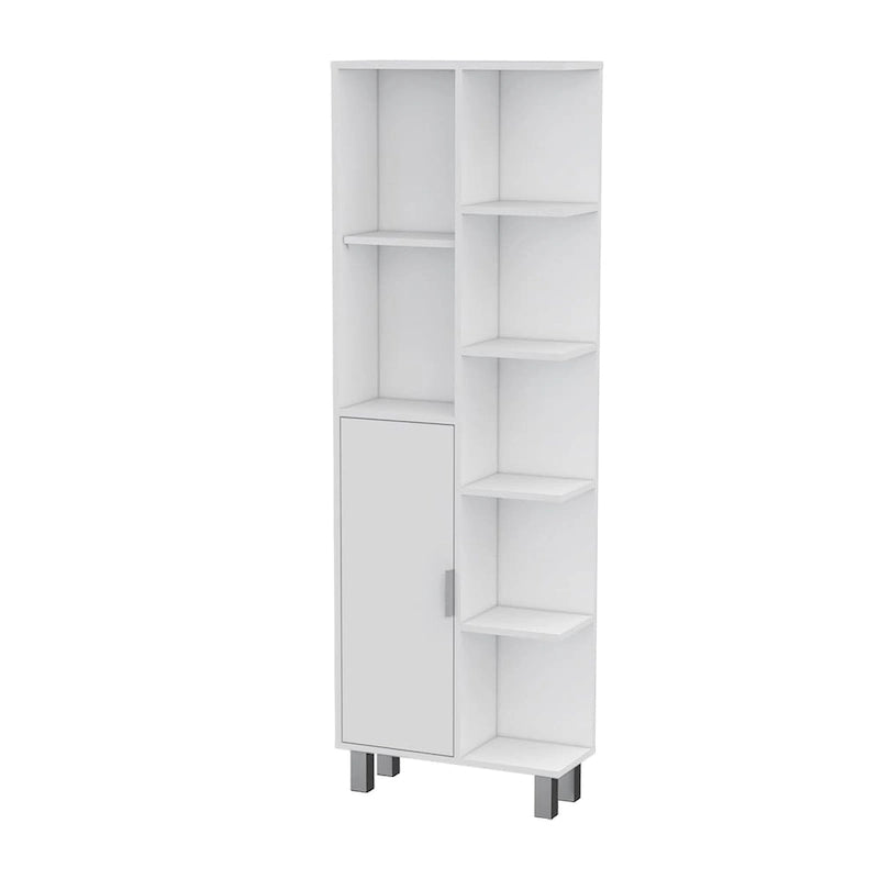 Meuble colonne de salle de bain blanc avec 9 étagères et une porte
