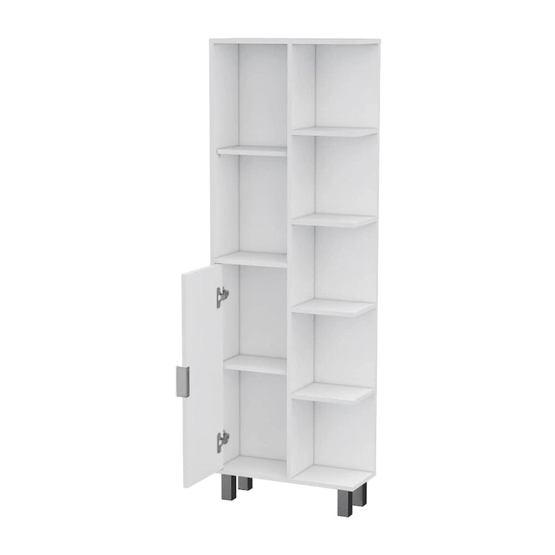 Meuble colonne de salle de bain blanc avec 9 étagères et une porte