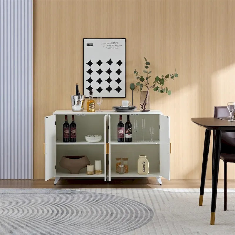 Buffet/Bahut blanc 4 portes avec poignées dorées et charnières à fermeture progressive