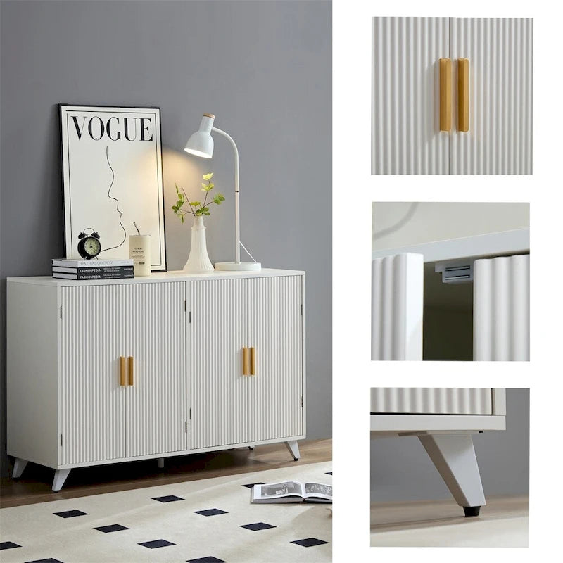 Buffet/Bahut blanc 4 portes avec poignées dorées et charnières à fermeture progressive