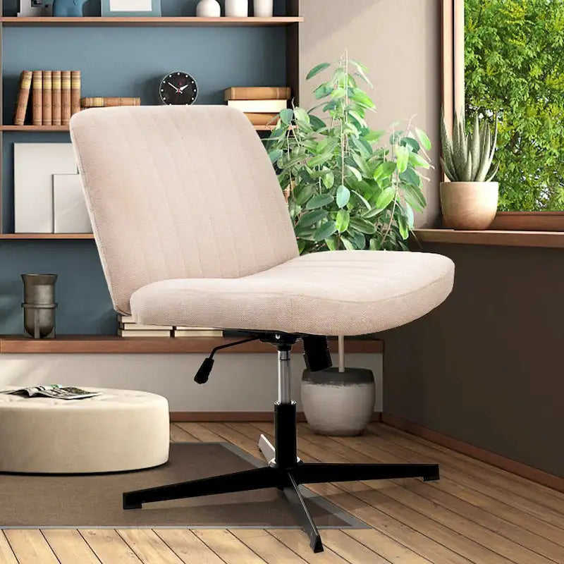 Cross Legged Office Chair, Wide Comfty Desk Chair, No Wheels Armless Computer Task Chair, Swivel and Height Adjustable
