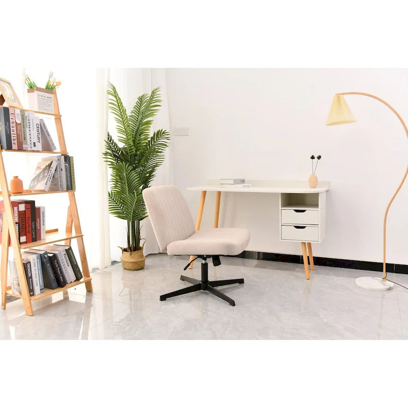 Chaise de bureau pivotante sans accoudoirs, siège large rembourré, sans roulettes, réglable en hauteur, piètement en croix, beige